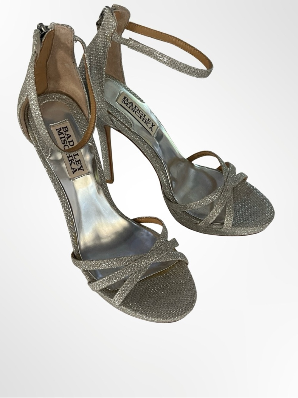 Badgley Mischka Silver Glitter Strappy Heels in size 5 - Picture 2 of 7